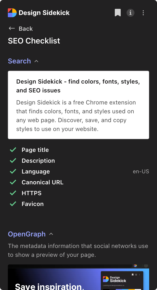 Design Sidekick SEO checklist showing meta tags and OpenGraph tags