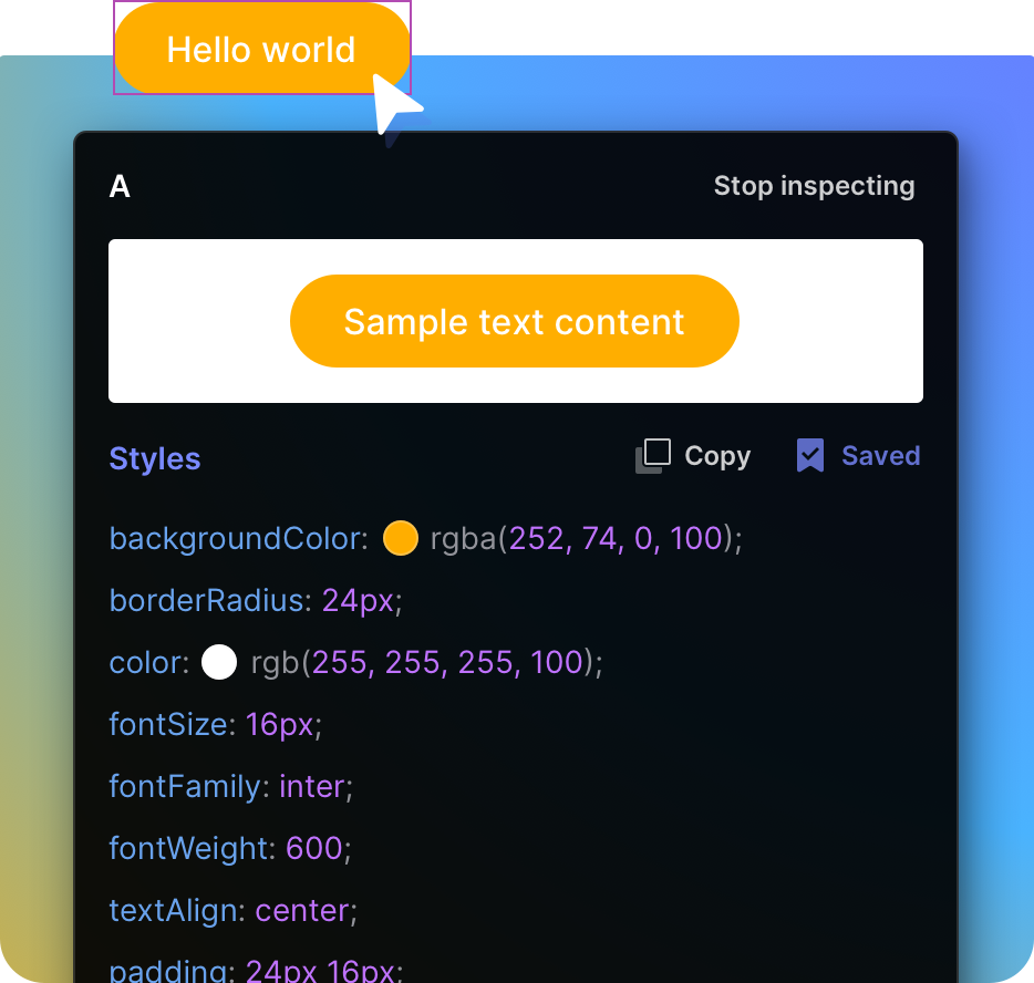 Design Sidekick inspector tool showing element styles on a web page