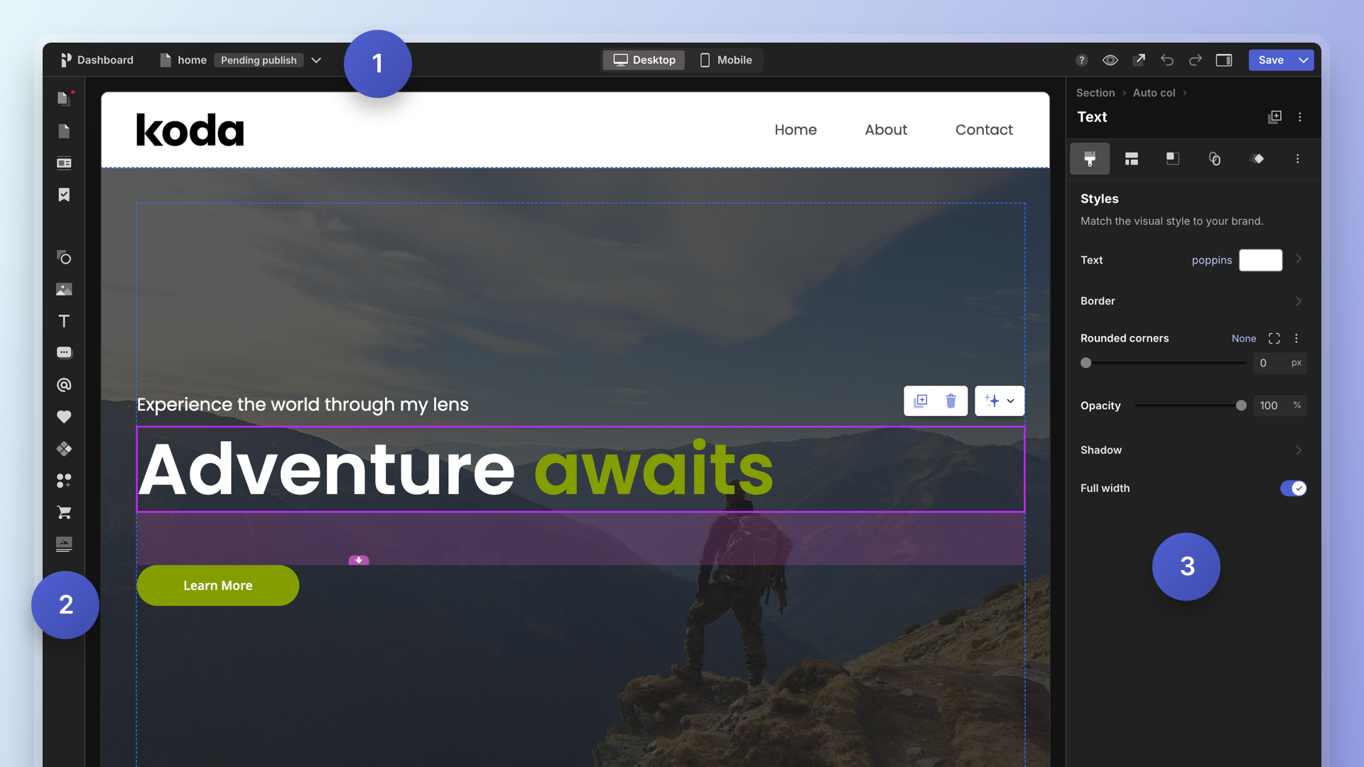 Pagecloud editor with the add menu sidebar highlighted
