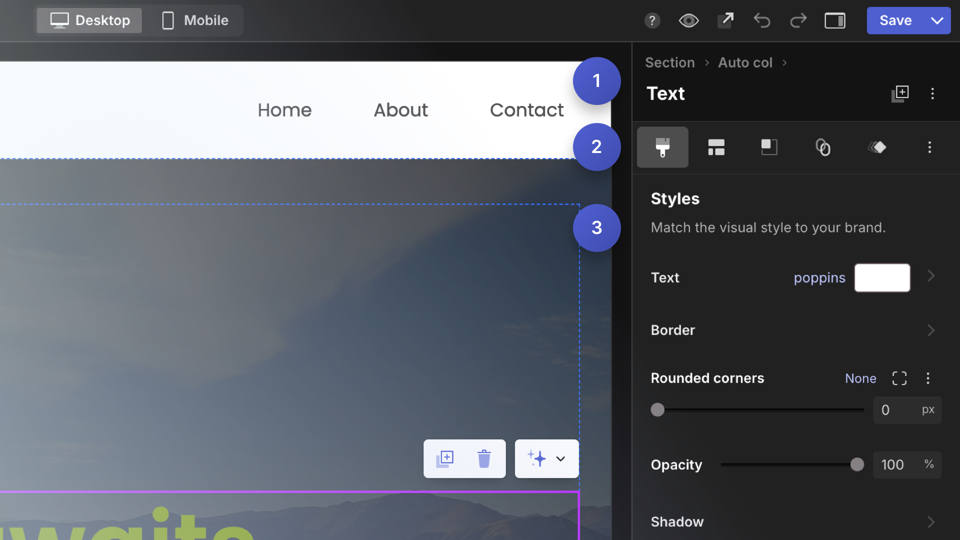 Editing menu layout showing header, tabs, and controls areas