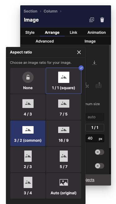 Aspect ratio popover showing available ratio presets
