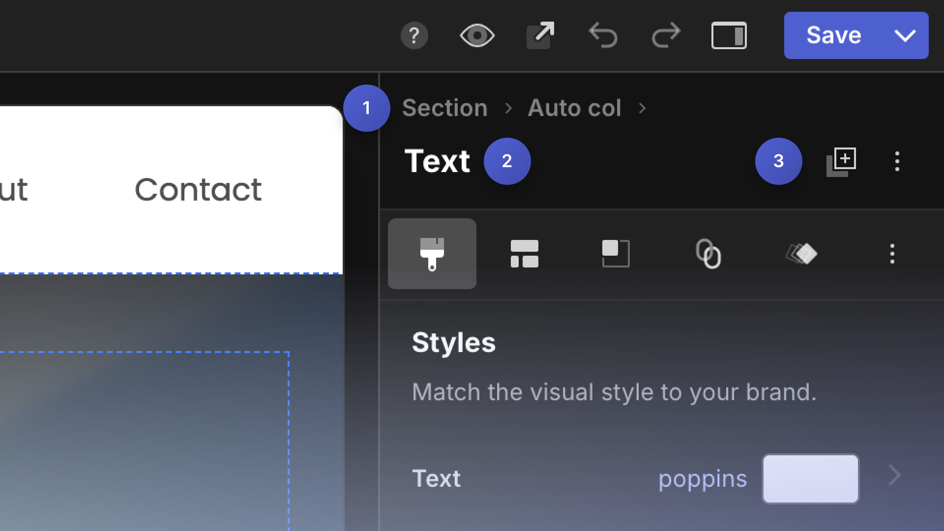 Editing menu header showing breadcrumb, selection type, and actions