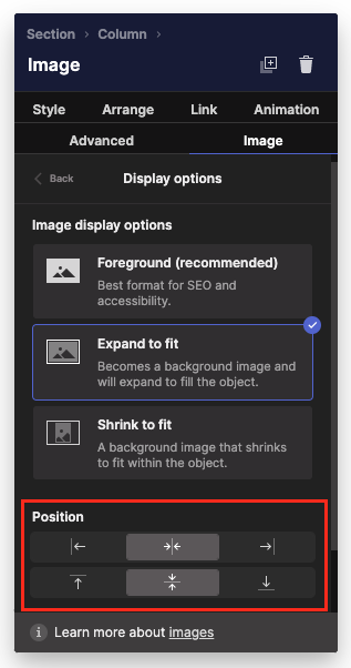 Image position controls in the editing menu