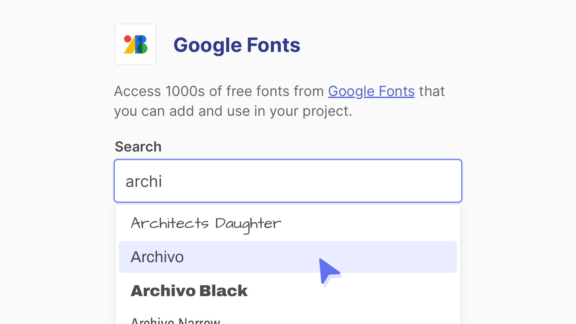 Google Fonts search and add interface in Pagecloud