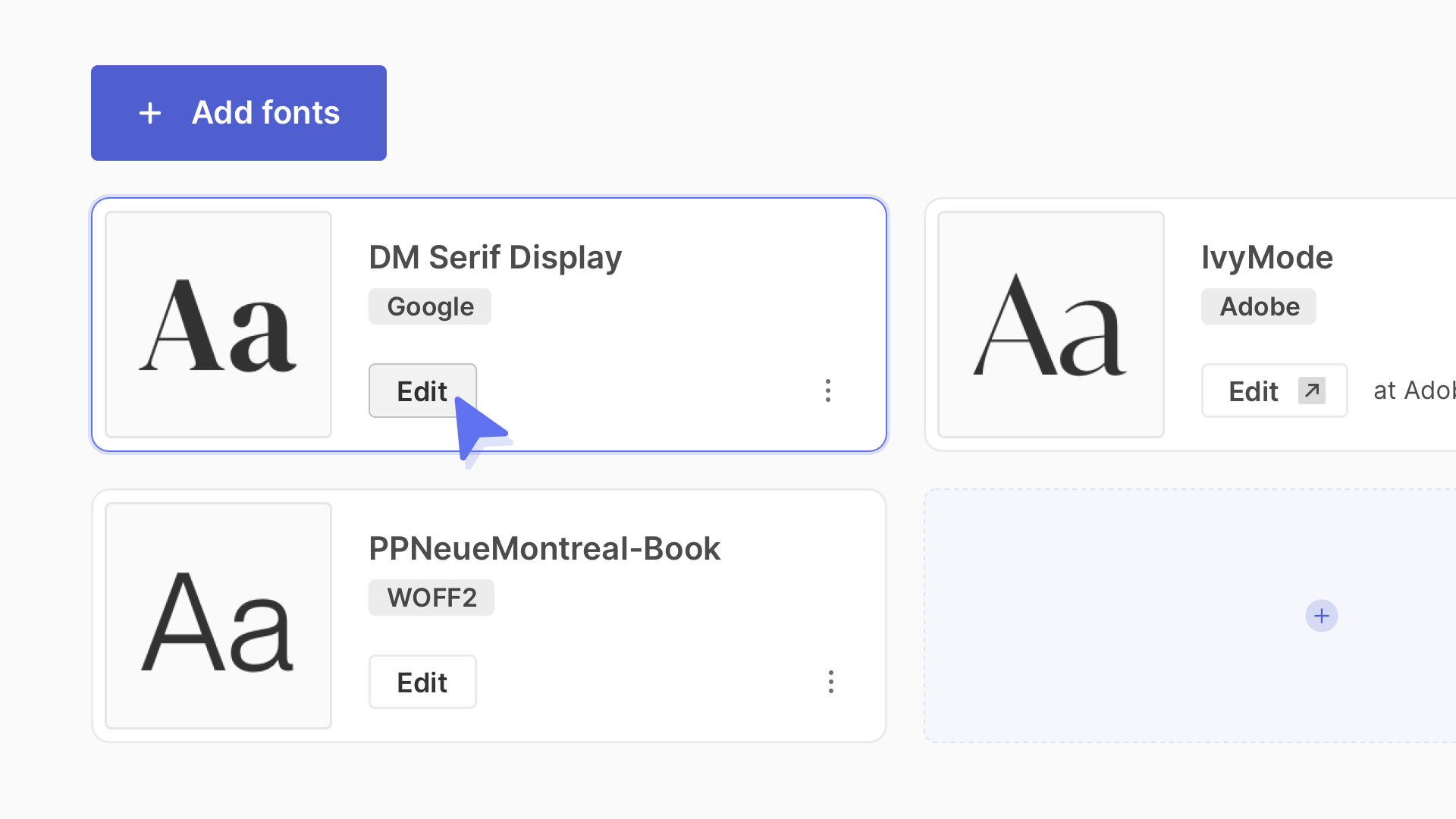 Pagecloud font management panel showing available fonts