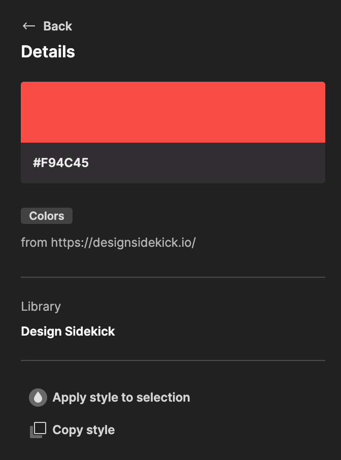 Design Sidekick saved style detail view with name, source, and copy options