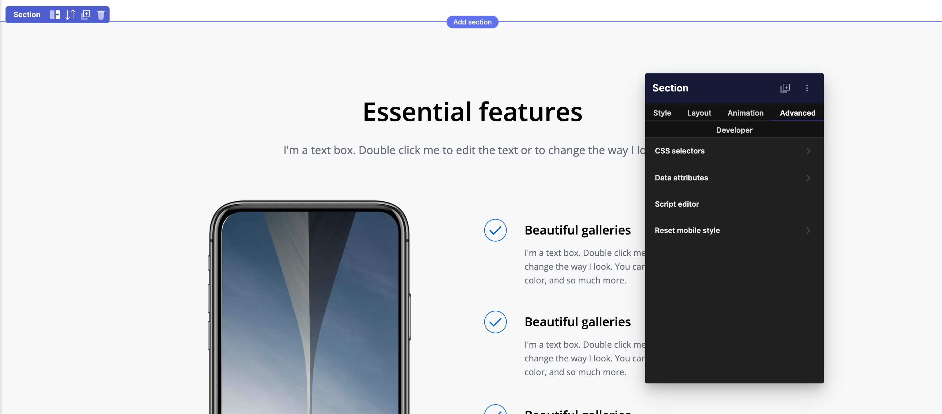 Advanced tab in the Pagecloud editing menu