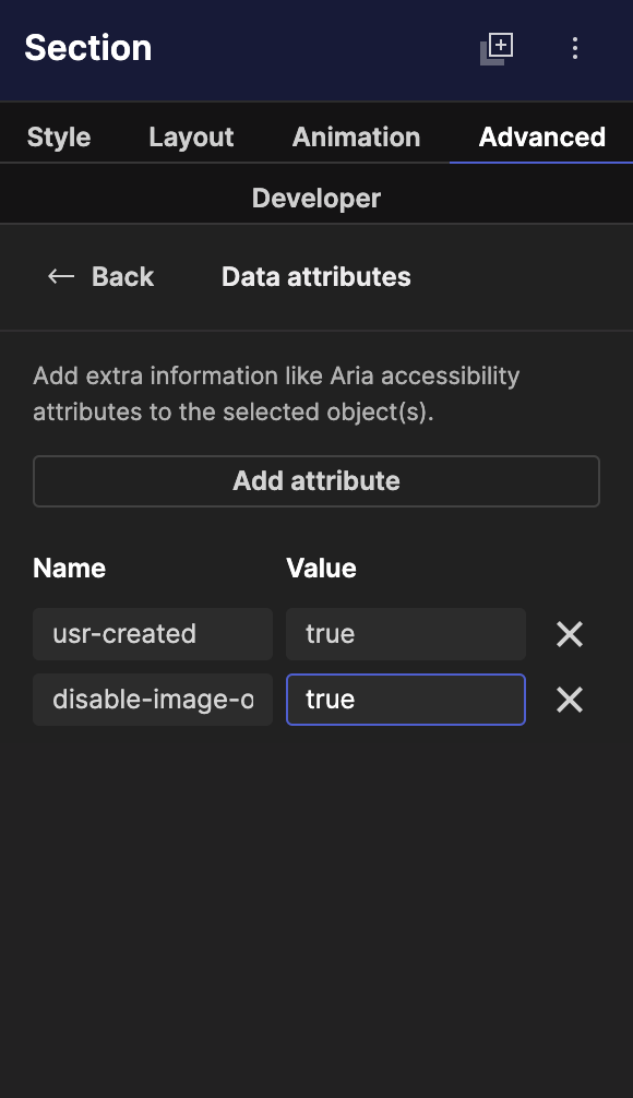 Data attribute value field set to true