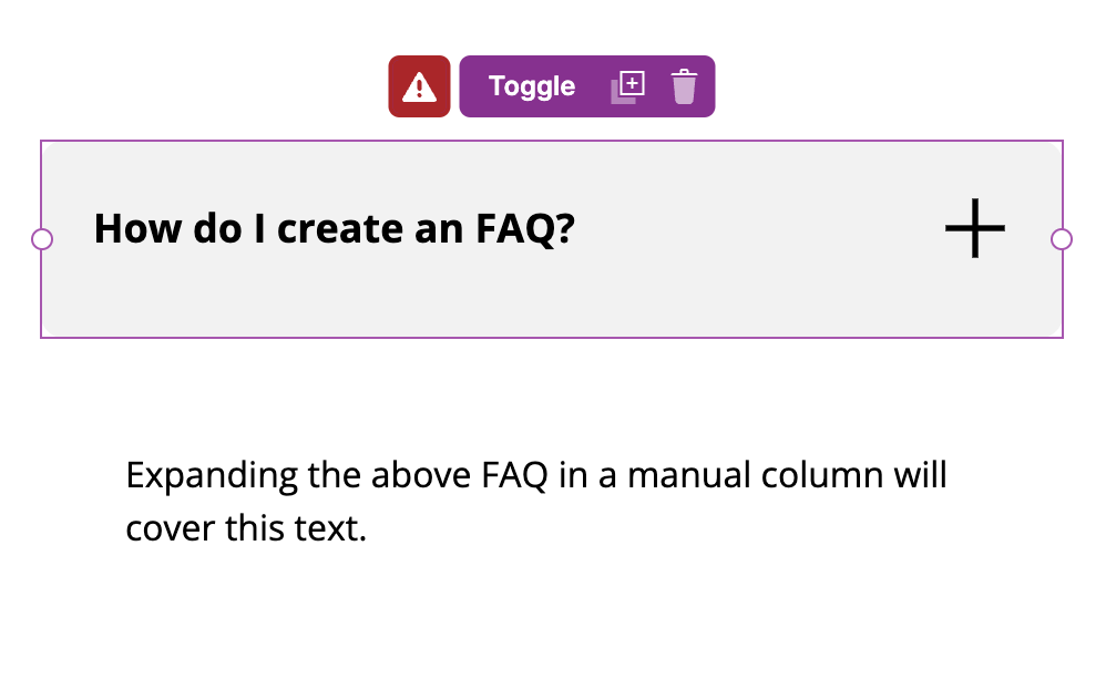 FAQ component warning recommending auto columns only