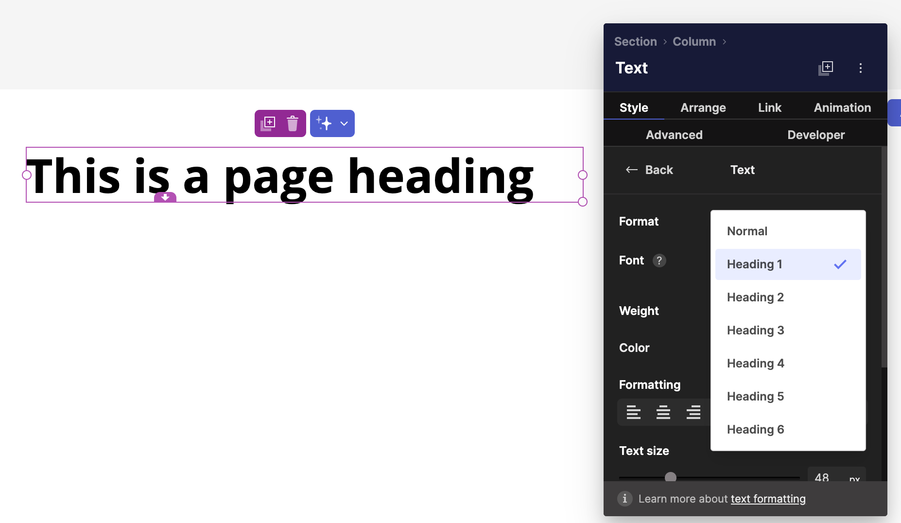 Heading tag format options in the Pagecloud text editor