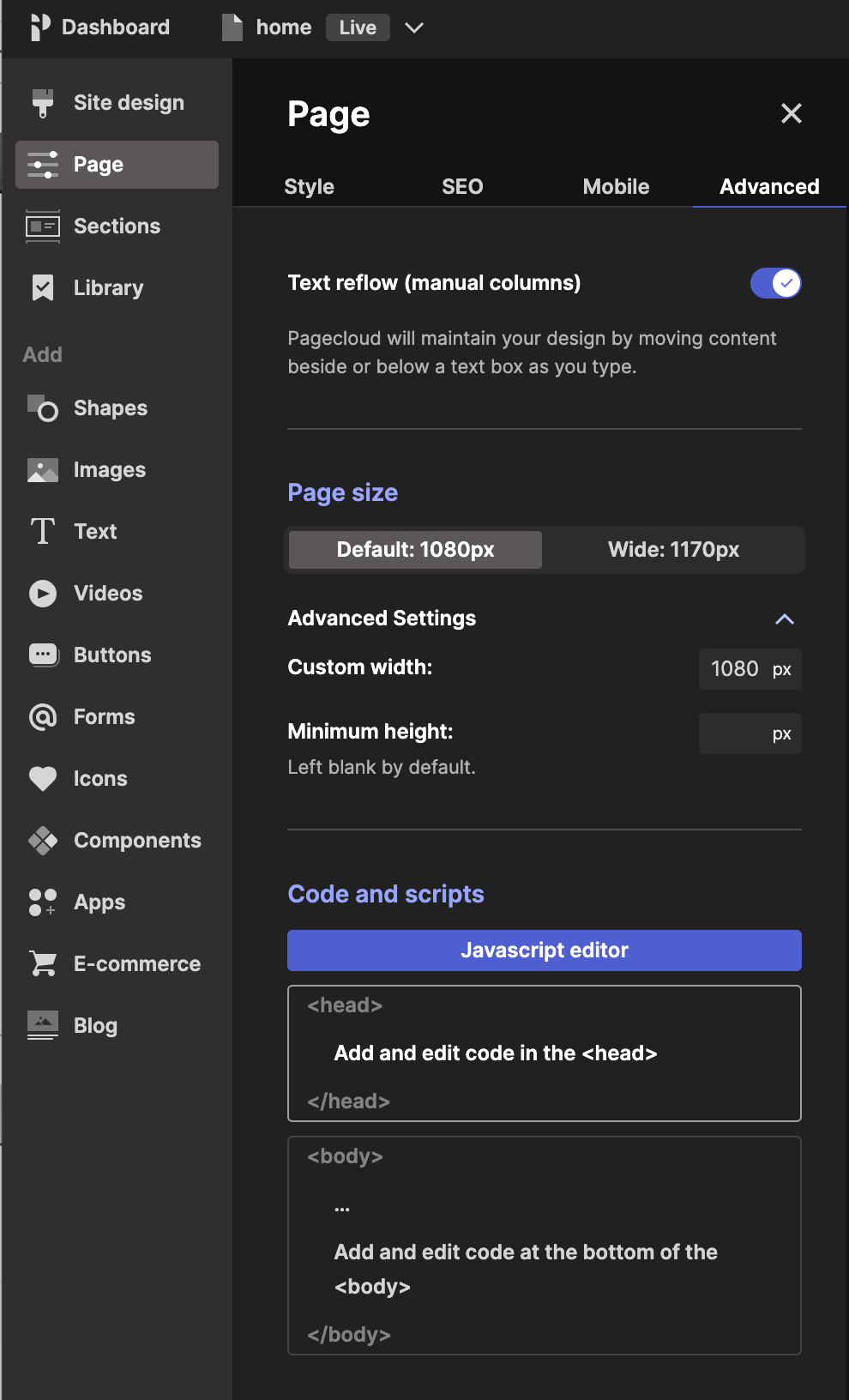 Head editor under the Advanced tab in page settings