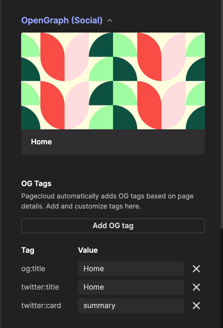 Open Graph tags configuration in Pagecloud page settings
