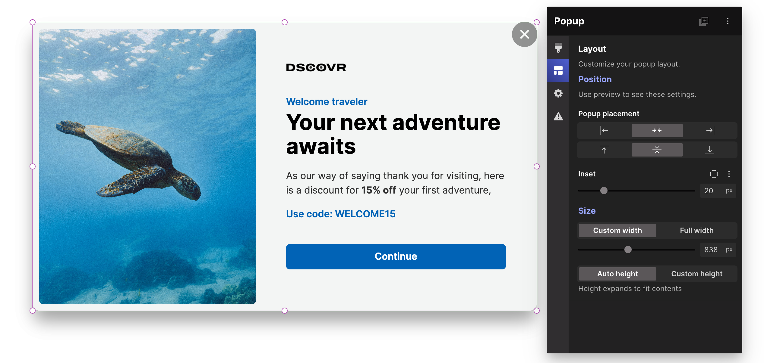 Popup layout settings in the Pagecloud editing menu