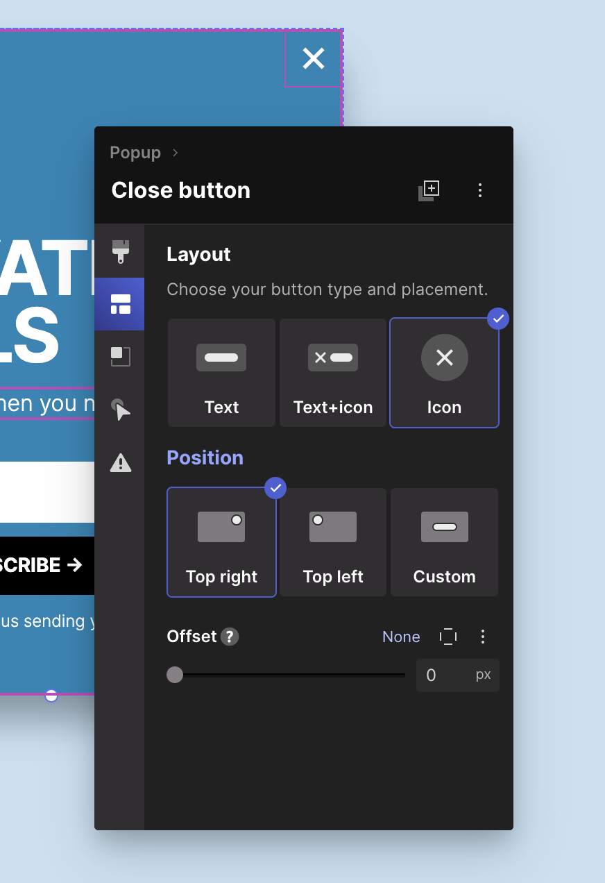 Close button position options for a Pagecloud popup