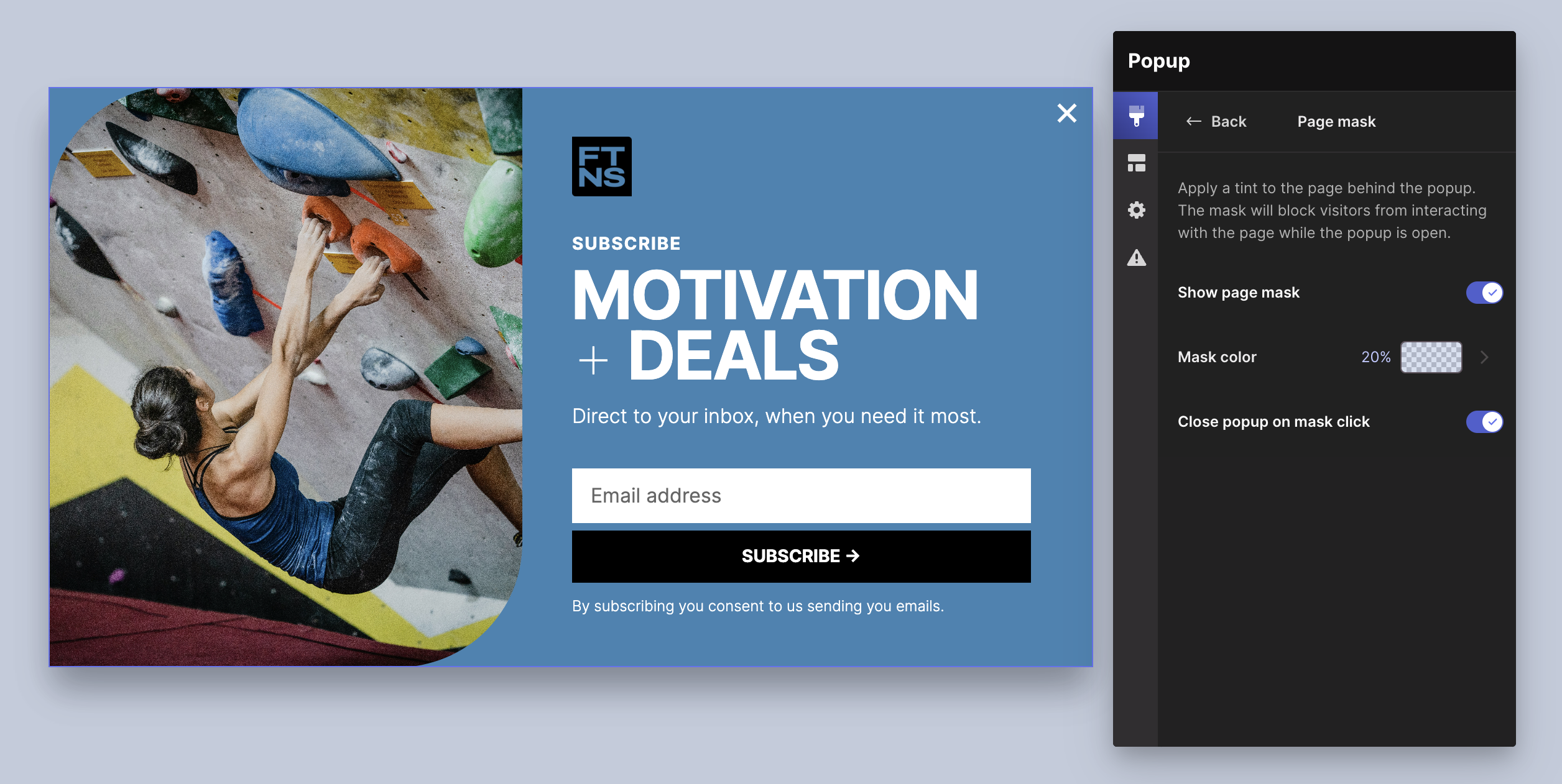 Page mask settings with close popup on mask click option